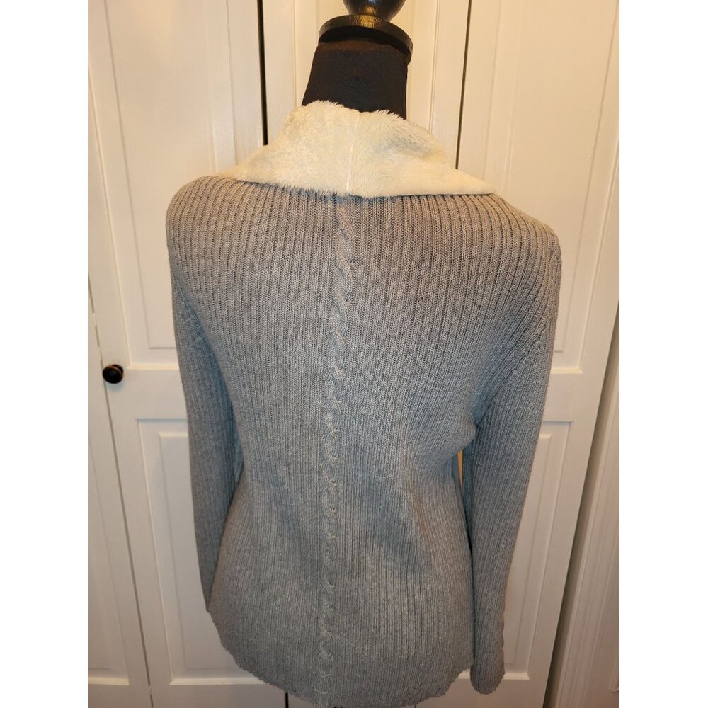 Gray Faux Suede/Faux Fur Cable Knit Ribbed Open Cardigan 16P Winter Ski Lodge - Picture 2 of 9
